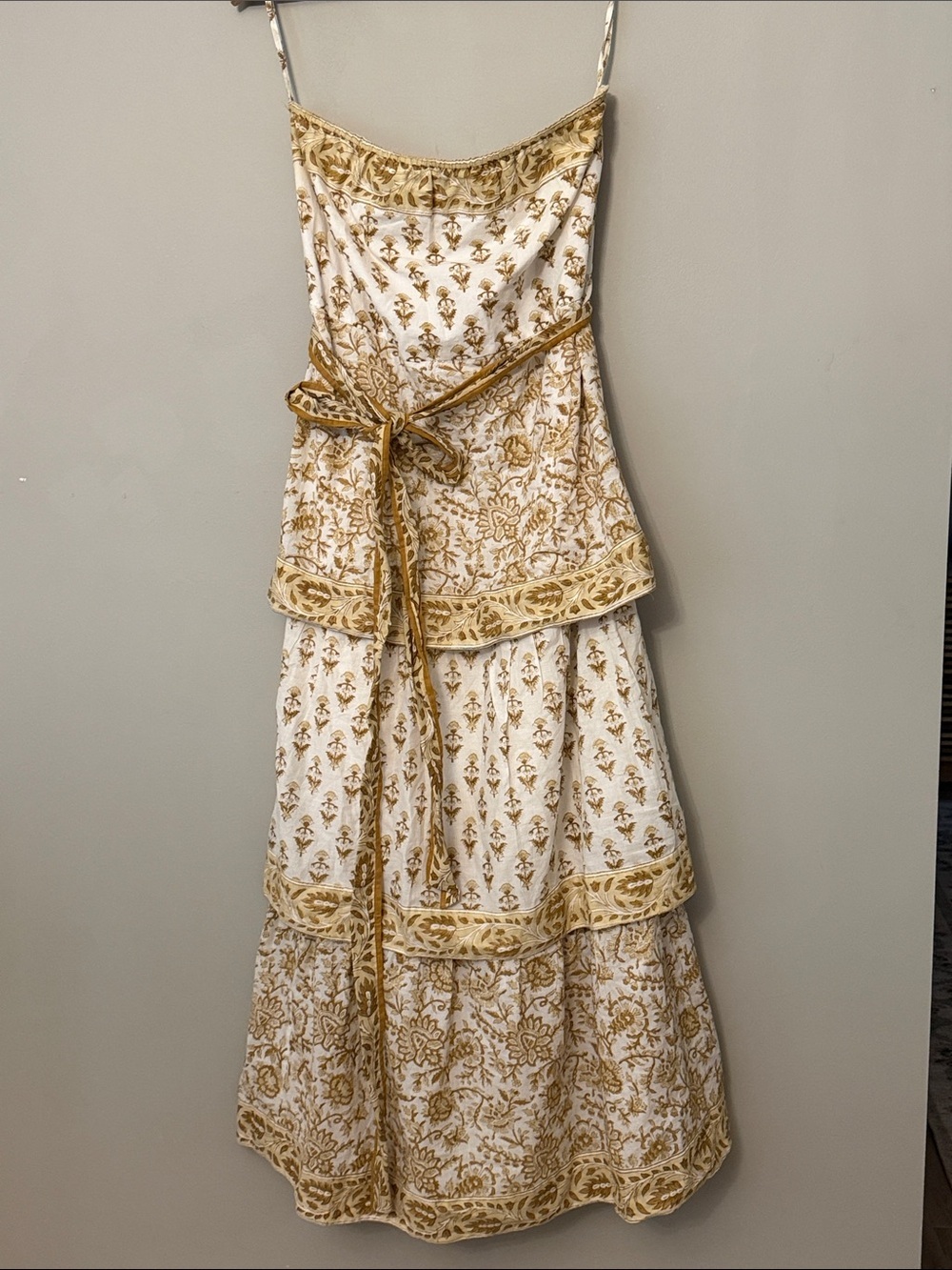 Sue Sartor Maxi Dress size Large gold off white tiered strapless